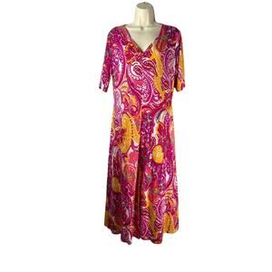 Chaus New York Dress Womens Large Orange Pink Paisley Jersey Knit Maxi V-neck